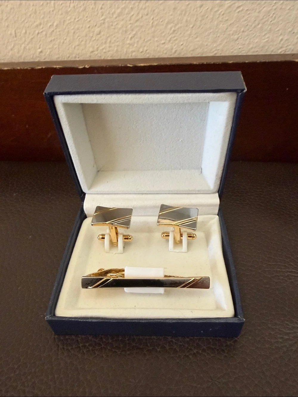 Vintage Rectangular Cuff Links in Silver & Gold-Tone w/Matching Tie Bar Clasp